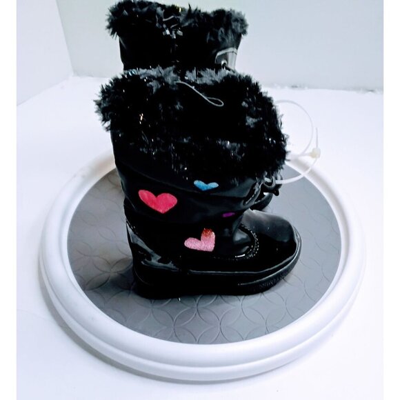 Totes Girls Winter Boots Size 5 Black With Colorful Heart Accents & Faux Fur Lin - Picture 3 of 7